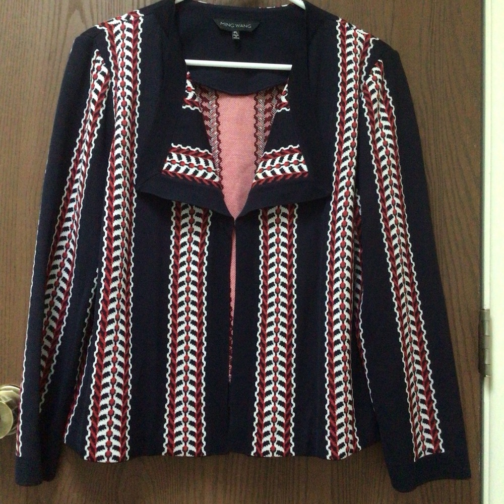 NEW Ming Wang navy blue cardigan acrylic knit collar, hook, sz PL